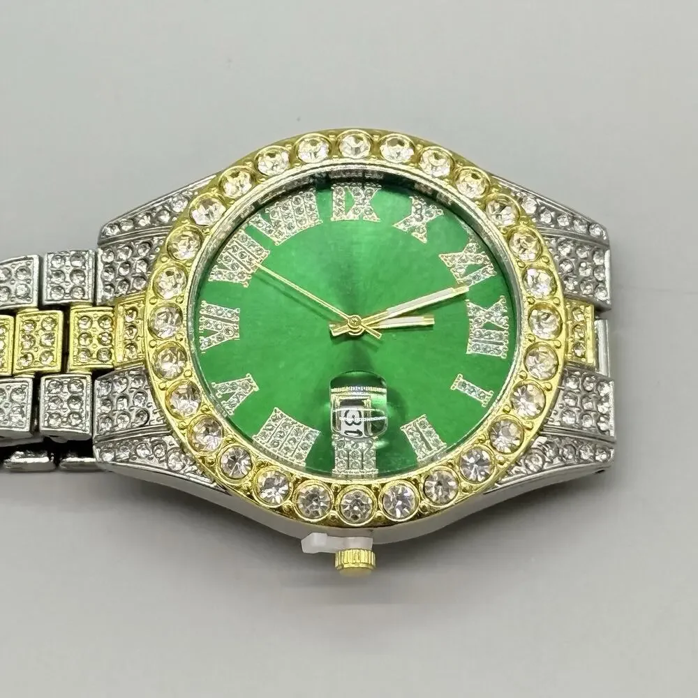 Mens Two Tone Iced Out Watch Green Sunray Dial Roman Numerals Bling Calendar